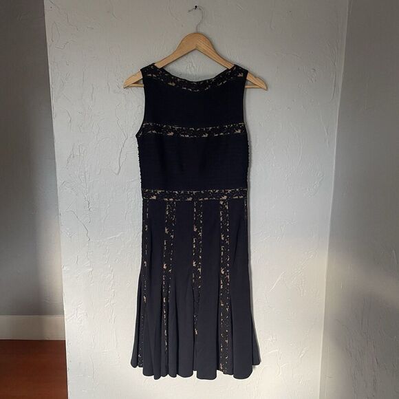 Tadashi Shoji Dress Women Small Blue Midi Navy Nude Pintuck Jersey Lace Tank - Picture 4 of 8